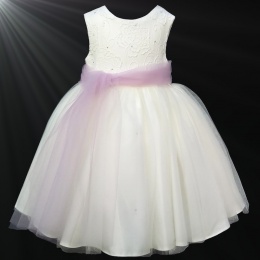 Girls Ivory Diamante & Organza Dusky Pink Sash Dress